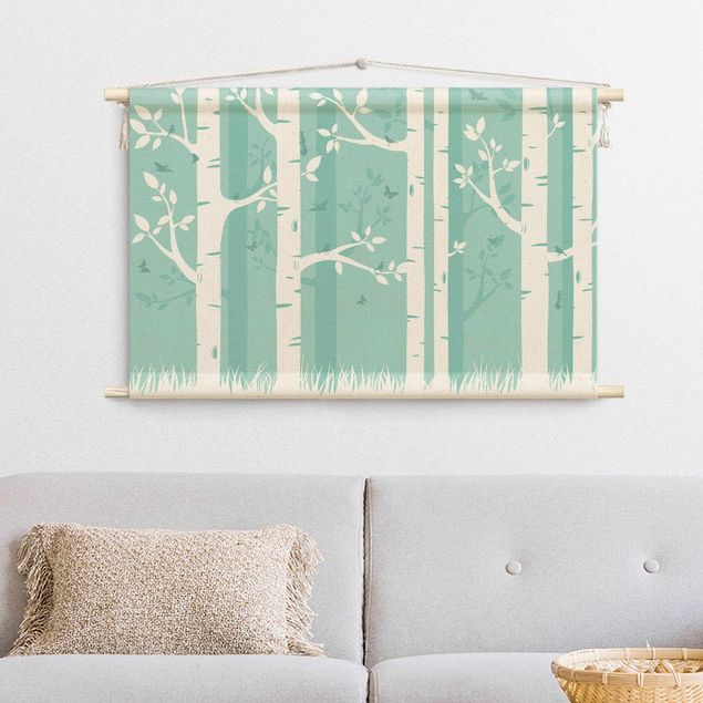 extra large tapestry wall hangings Green Birch Forest With Butterflies And Birds