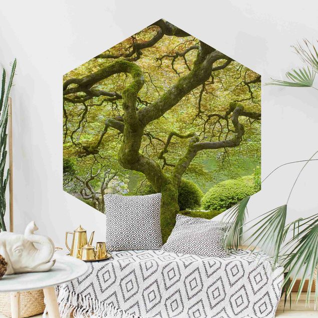 Self-adhesive hexagonal pattern wallpaper - Green Japanese Garden