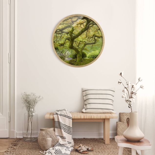 Circular framed print - Green Japanese Garden