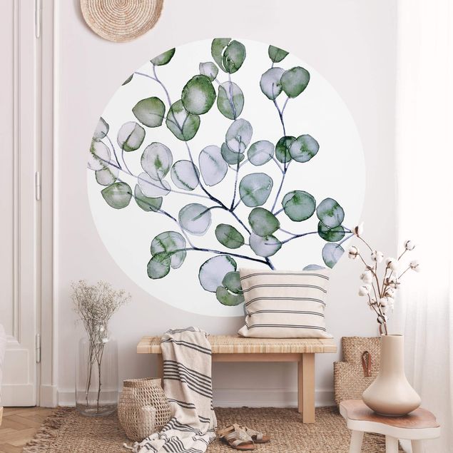 Self-adhesive round wallpaper - Green Watercolour Eucalyptus Branch
