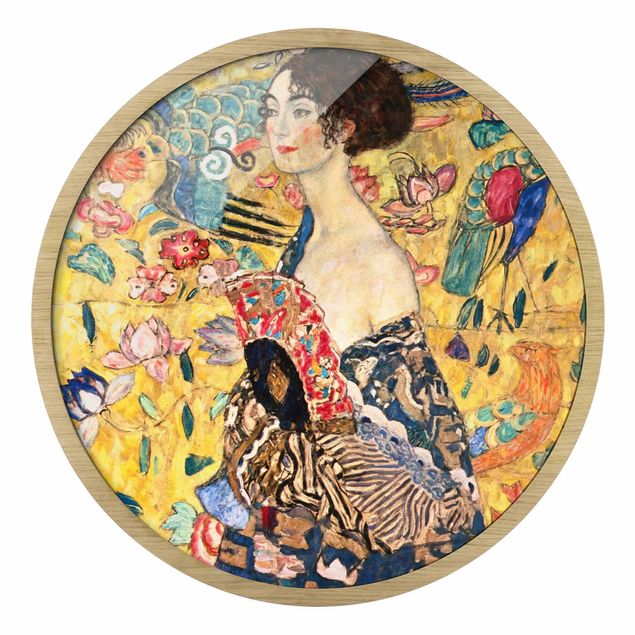 Circular framed print - Gustav Klimt - Lady With Fan