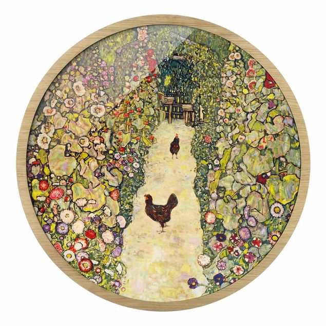 Circular framed print - Gustav Klimt - Garden Path with Hens