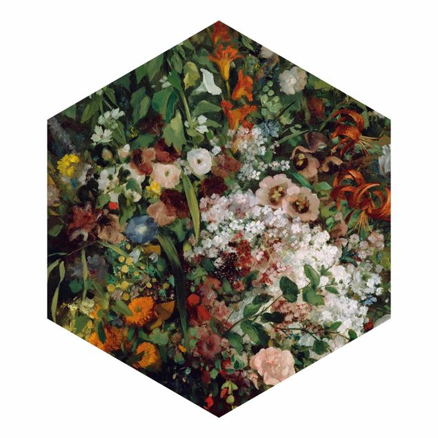 Self-adhesive hexagonal pattern wallpaper - Gustave Courbet - Bouquet In Vase