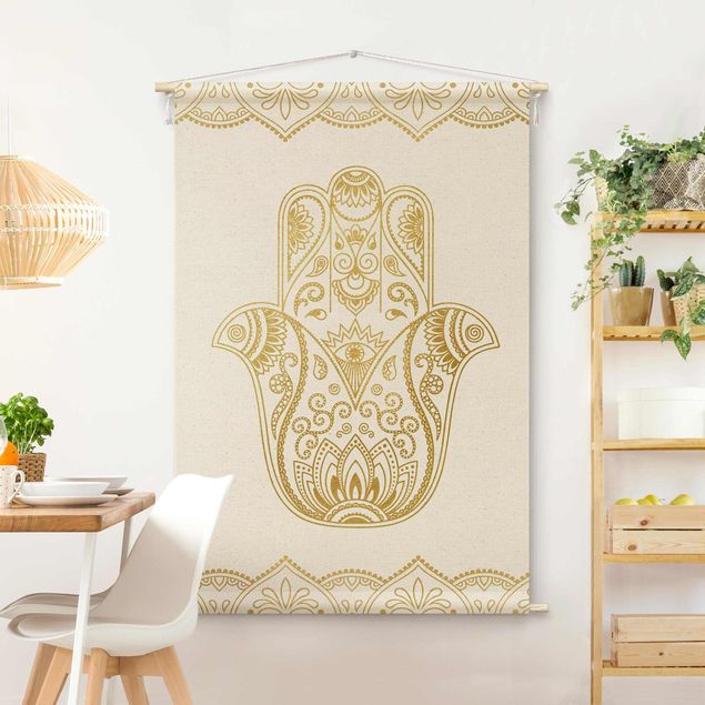 modern wall tapestry Hamsa Hand Illustration White Gold