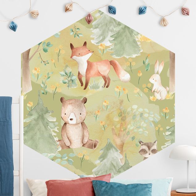 Hexagonal wall mural Rabbit And Fox On Green Meadow