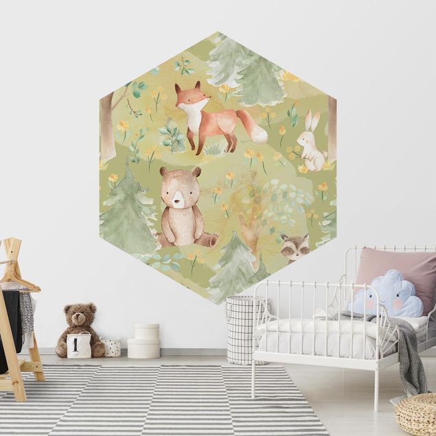 Self-adhesive hexagonal pattern wallpaper - Rabbit And Fox On Green Meadow