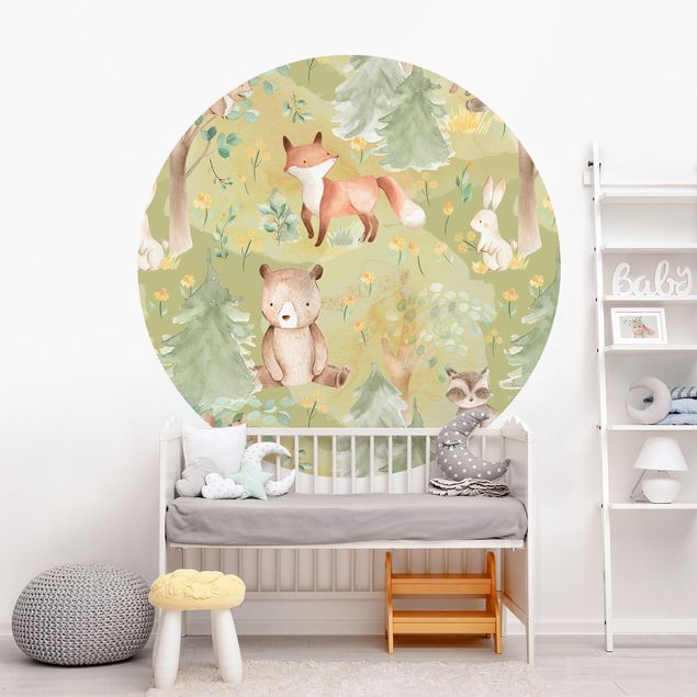 Self-adhesive round wallpaper kids - Rabbit And Fox On Green Meadow