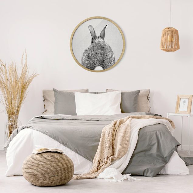 Circular framed print - Hare From Behind Black And White