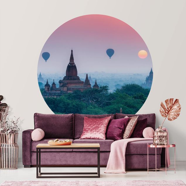 Self-adhesive round wallpaper - Hot-Air Balloon Above Temple Complex