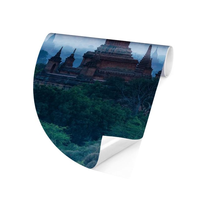 Self-adhesive round wallpaper - Hot-Air Balloon Above Temple Complex
