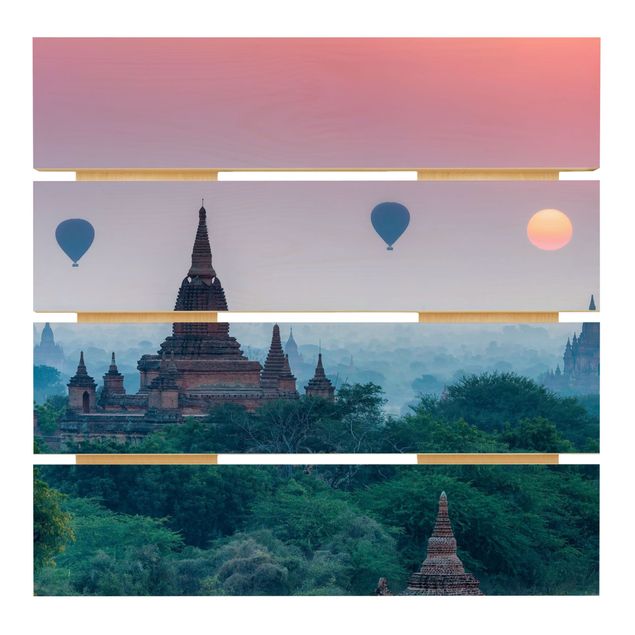 Print on wood - Hot-Air Balloon Above Temple Complex