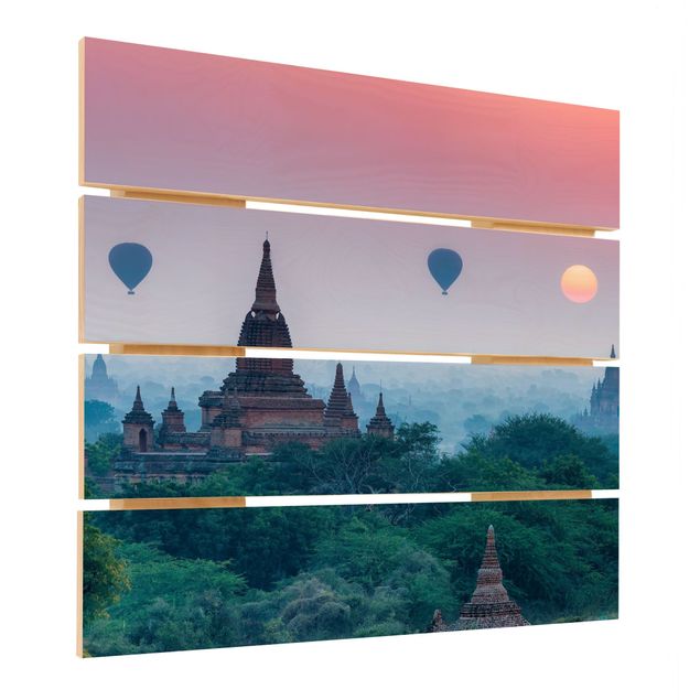 Print on wood - Hot-Air Balloon Above Temple Complex