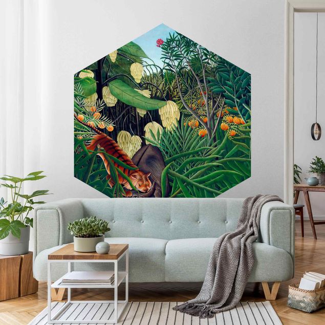 Self-adhesive hexagonal pattern wallpaper - Henri Rousseau - Fight Between A Tiger And A Buffalo