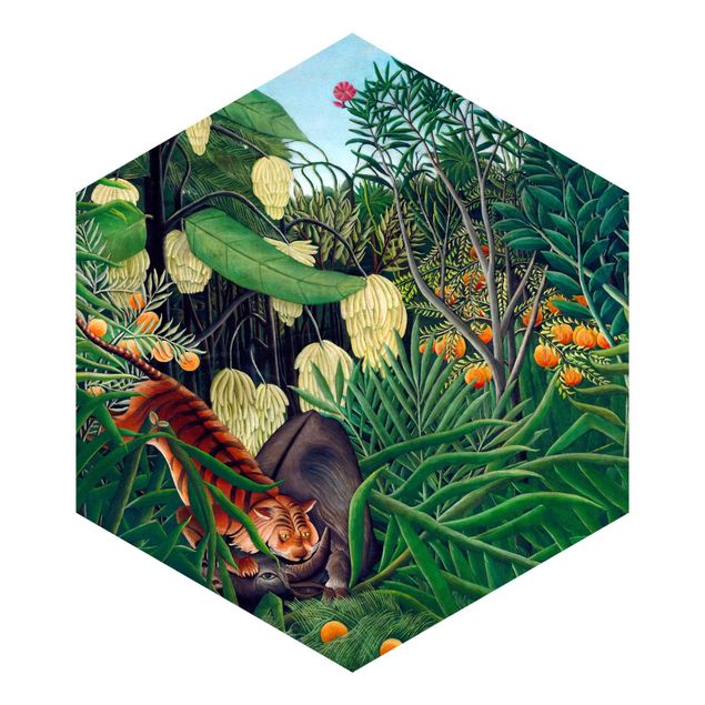Self-adhesive hexagonal pattern wallpaper - Henri Rousseau - Fight Between A Tiger And A Buffalo