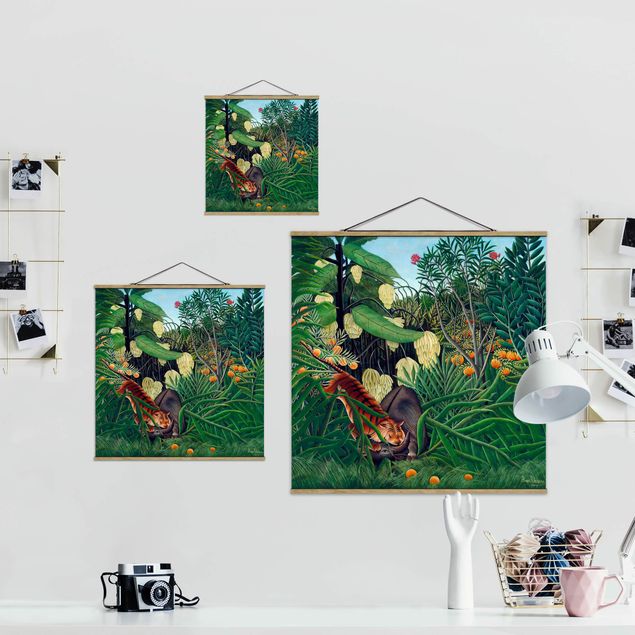 Fabric print with poster hangers - Henri Rousseau - Fight Between A Tiger And A Buffalo - Square 1:1