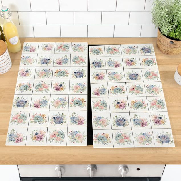 Glass stove top cover - Watercolour Flower Cottage