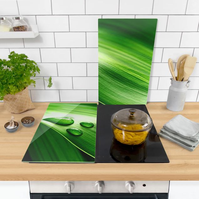 Glass stove top cover - Banana Leaf With Drops