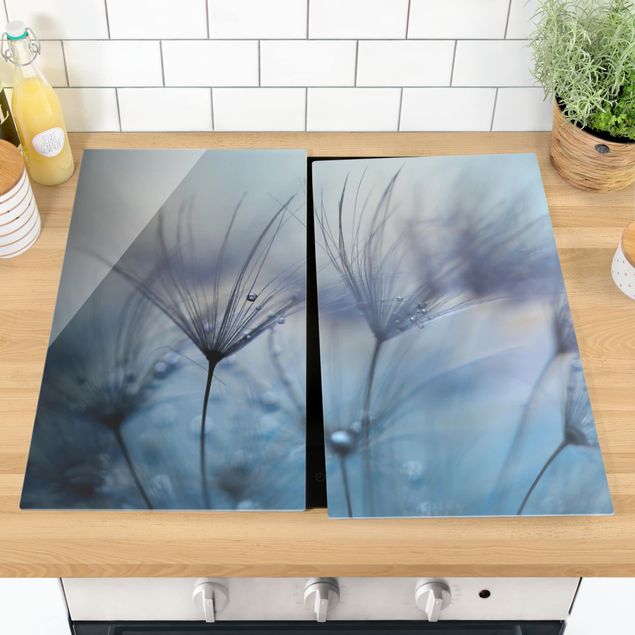 Glass stove top cover - Blue Feathers In The Rain
