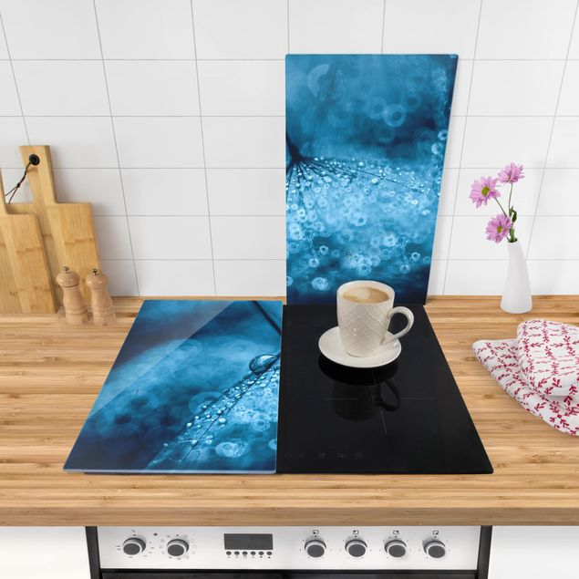 Glass stove top cover - Blue Dandelion In The Rain