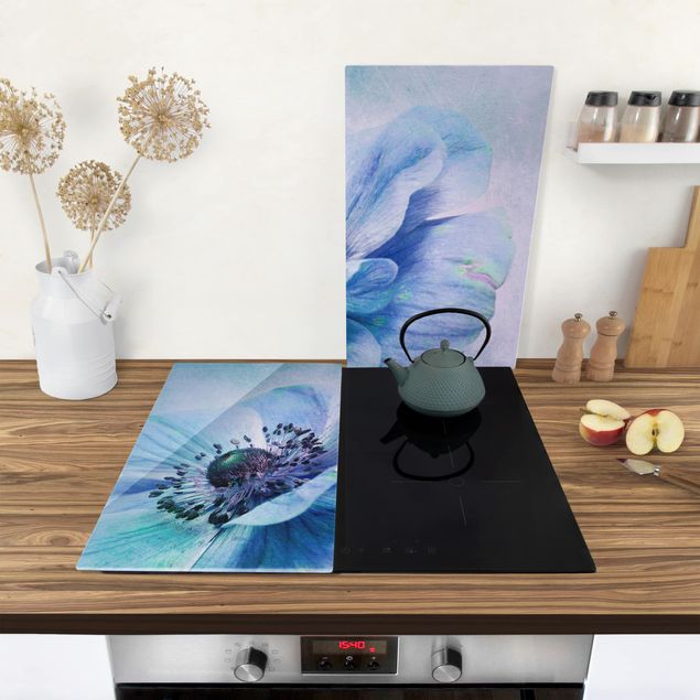 Glass stove top cover - Flower In Turquoise
