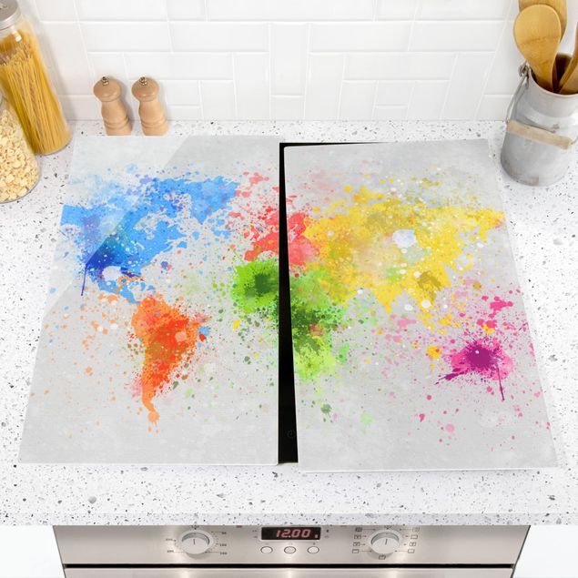 Glass stove top cover - Colourful Splodges World Map