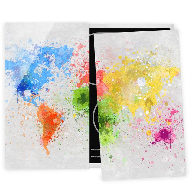 Glass stove top cover - Colourful Splodges World Map