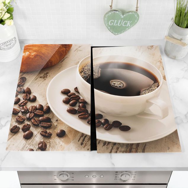 Glass stove top cover - Steaming coffee cup with coffee beans