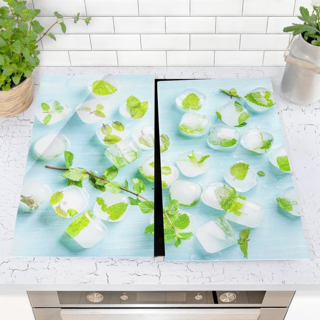 Glass stove top cover - Ice Cubes With Mint Leaves