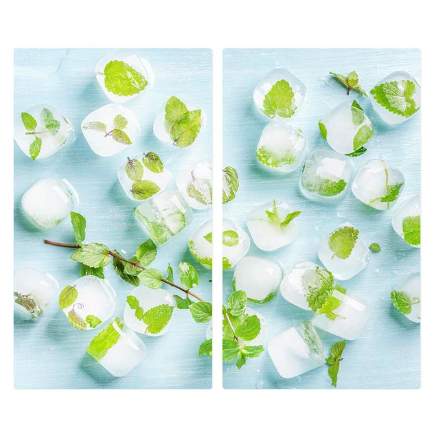 Glass stove top cover - Ice Cubes With Mint Leaves