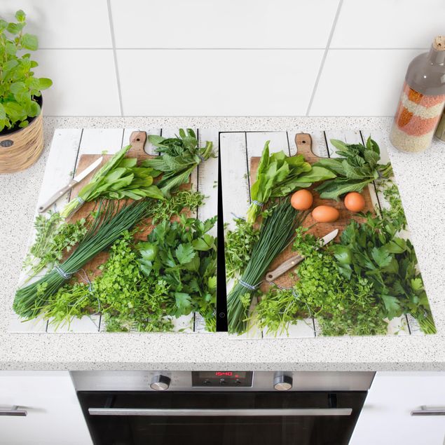 Glass stove top cover - Fresh Herbs On Wooden Board