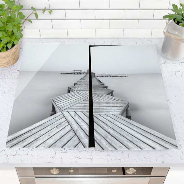 Glass stove top cover - Wooden Pier In Black And White