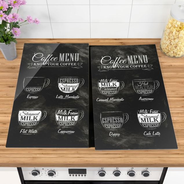 Glass stove top cover - Coffee Varieties Chalkboard