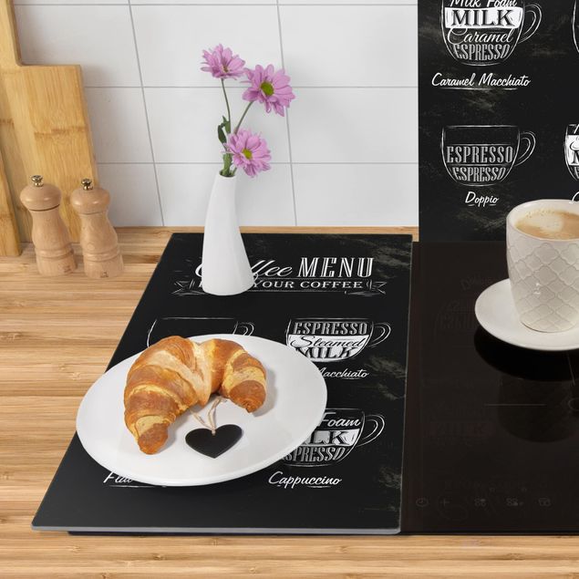 Glass stove top cover - Coffee Varieties Chalkboard