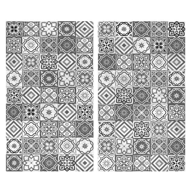 Glass stove top cover - Mediterranean Tile Pattern Grayscale