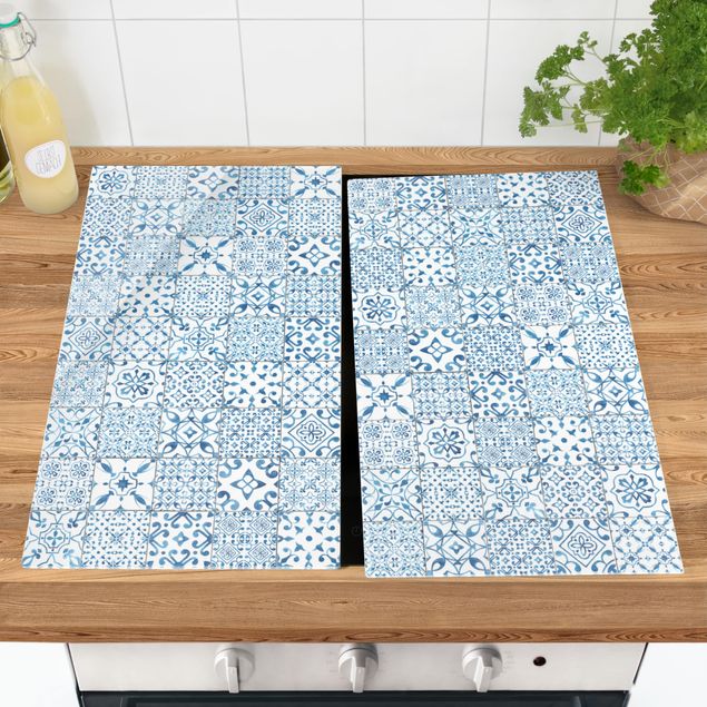 Glass stove top cover - Patterned Tiles Blue White