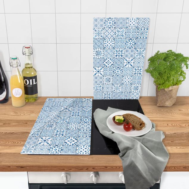 Glass stove top cover - Patterned Tiles Blue White