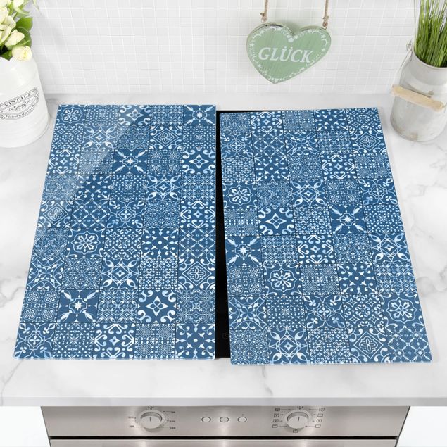 Glass stove top cover - Patterned Tiles Navy White