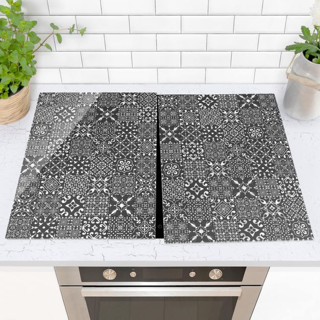 Glass stove top cover - Patterned Tiles Dark Gray White