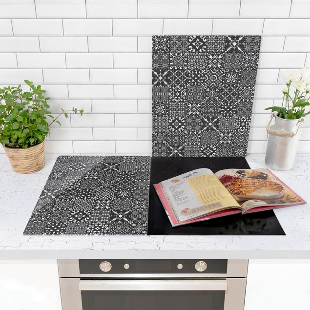 Glass stove top cover - Patterned Tiles Dark Gray White