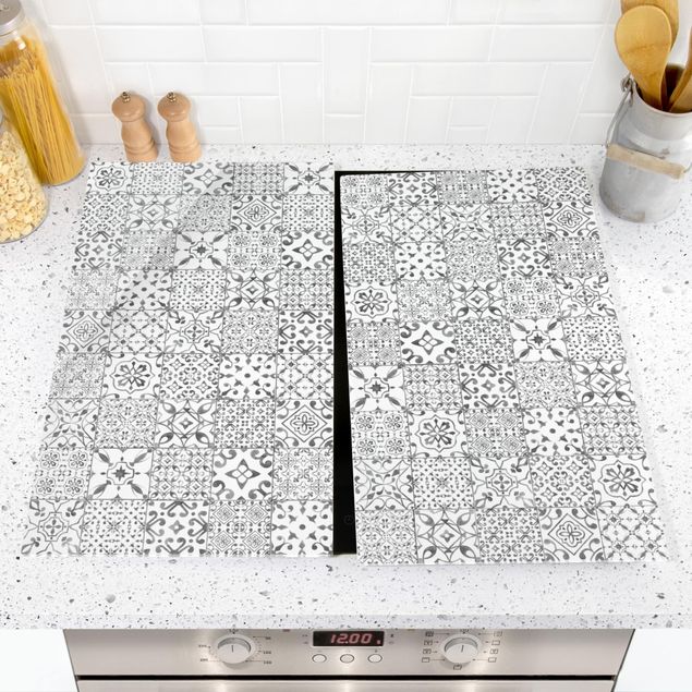 Glass stove top cover - Patterned Tiles Gray White