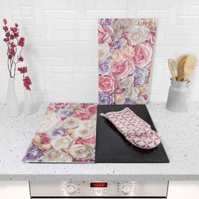 Glass stove top cover - Pastel Paper Art Roses