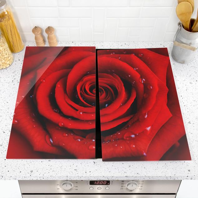 Glass stove top cover - Red Rose With Water Drops