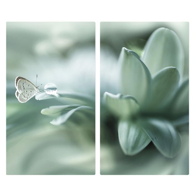 Glass stove top cover - Butterfly And Dew Drops In Pastel Green