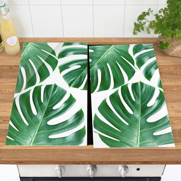 Glass stove top cover - Tropical Green Leaves Monstera