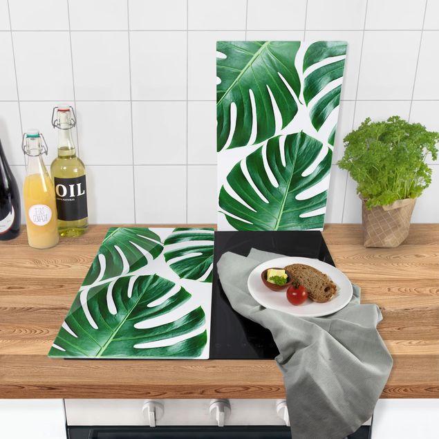 Glass stove top cover - Tropical Green Leaves Monstera