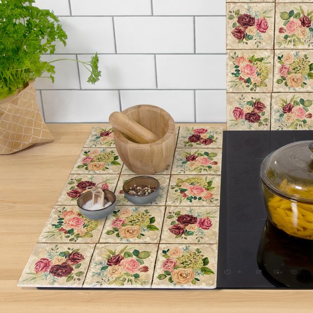 Glass stove top cover - Vintage Roses And Hydrangeas
