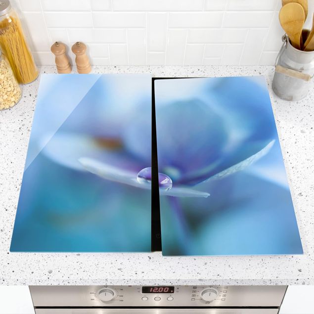 Glass stove top cover - Water Drops Hydrangeas
