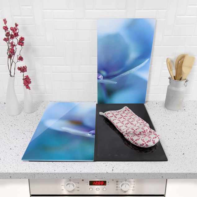 Glass stove top cover - Water Drops Hydrangeas