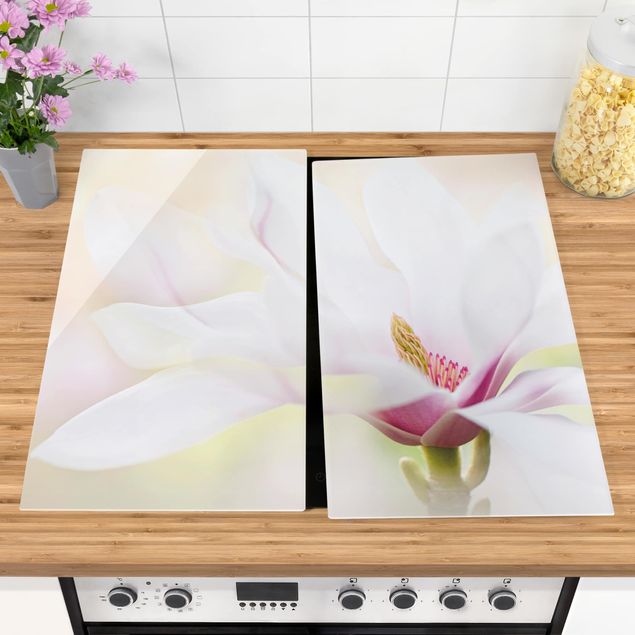 Glass stove top cover - Delicate Magnolia Blossom