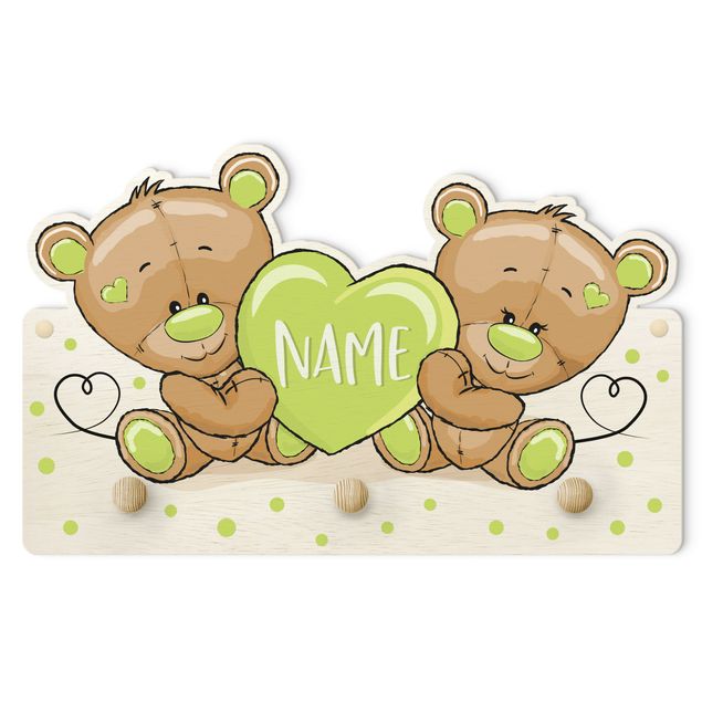 Coat rack for children - Heart Bears With Customised Name Green